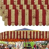 Tingjoo 3 Pcs Carnival Circus Tent Awning Decorations Circus Theme Party Decorations Bloody Concession Stand Sign Hanging Banner Creepy Red White Striped Halloween Party Supplies, 9.84 x 78.74 in