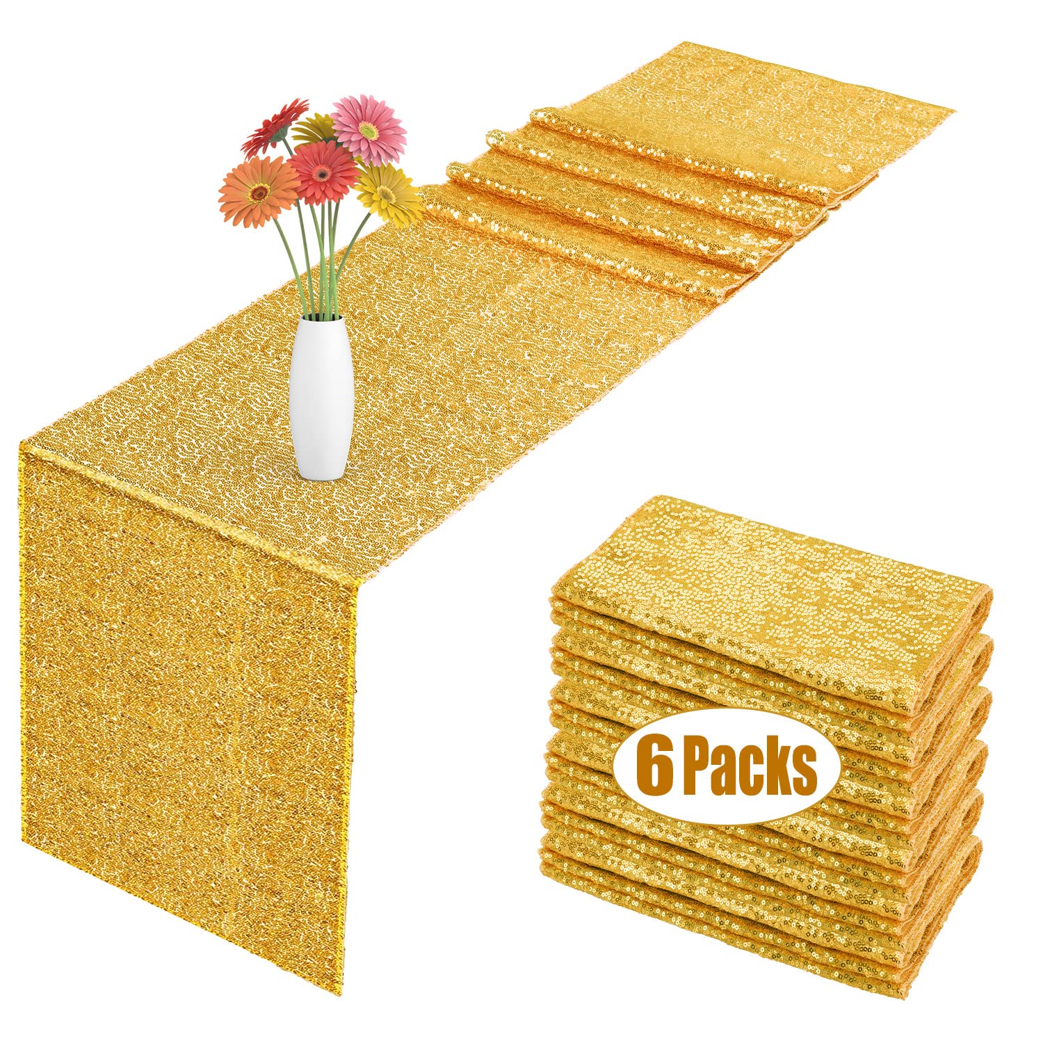 Photo 1 of 6 Pack Sequin Table Runner Gold, 12 x 108 inch Glitter Gold Table Runner for Rectangle Table for Birthday, Wedding, Banquet, Holiday Party Decorations & Baby Shower