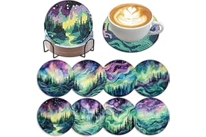 8 PCS Aurora Diamond Art Coasters Diamond Painting Coasters Kits with Holder Northern Lights DIY for Beginners, Adults, Diamo