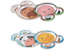 Bentology Zoo Farm Friends Mealtime Melamine Feeding Plates- Set of 4 Different Cute Zoo Animal Pal Dishes for Kids -Horse, Pig, Duck & Cow -Divided Compartments, BPA Free - XMAS Gift for Toddlers