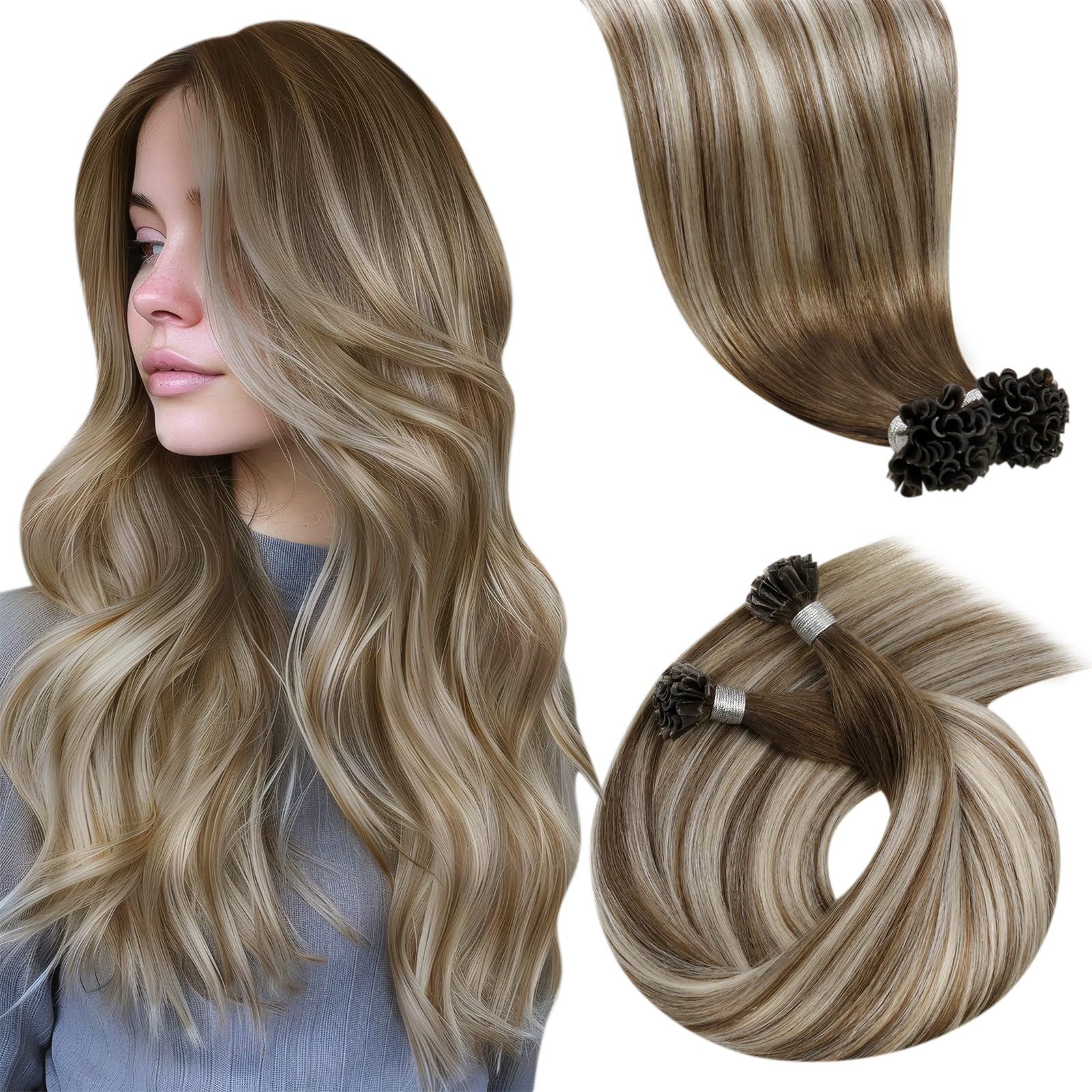 LaaVoo Real Human Hair Extensions U Tip Blonde, Remy Straight Balayage Light Brown to White Blonde Real Hair Extensions, Hot Fusion for Invisible & Stable 50s 50g 22 Inch #8/60/8 — image 1