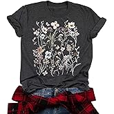 WIPXITK Floral Graphic Shirt Women Boho Wildflowers Tee Vintage Flower Tshirt Round Neck Loose Casual Short Sleeve Tops