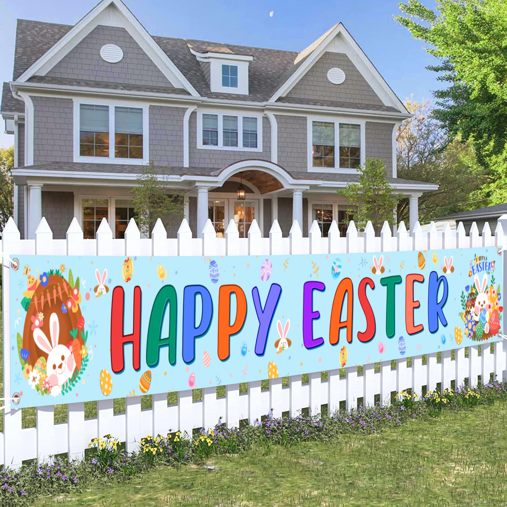 Happy Easter Banner Party Decorations - Large Colourful Easter Fabric Banner 37 x 274 cm, Outdoor Yard Sign for Photo Background Decor