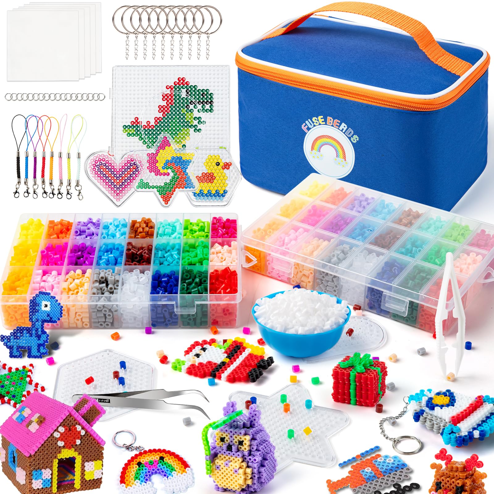 Sundaymot Fuse Beads Kit-12000pcs Iron Beads Set for Kids 24 Colors 5mm Iron Beads for DIY Crafts with Storage Bag and 4 Pegboards, 2 Divided Bowls and Tweezers, Chain Accessories Gifts for Boys Girls