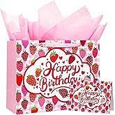 WRAPAHOLIC 13" Strawberry Birthday Gift Bags with Tissue Paper and Card - Pink Strawberry Bags for Fruit Themed Birthday Party, Girls Kids Teens Women