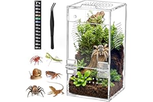 COURTYARDAID Jumping Spider Enclosure, Acrylic Terrarium with Magnetic Door & All-Side Ventilation, Pre-Assembled Habitat for Spiderling, Mantis, Tarantula, Snail, 3.5"×3.5"×7" (Tweezer & Temp Sticker Included)