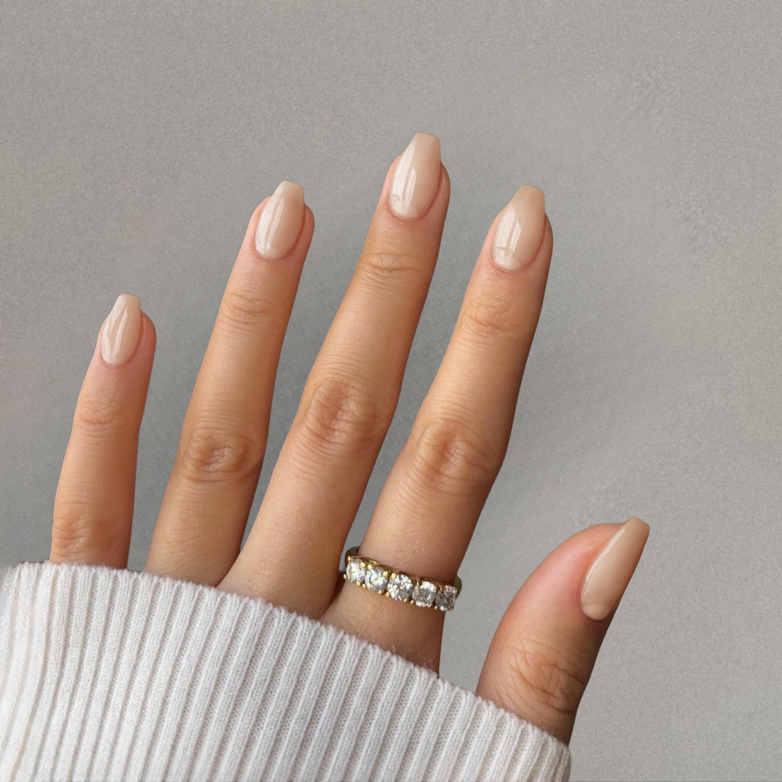 Nude Press on Nails Medium Coffin Fake Nails Press ons, KXAMELIE Full Cover False Nails Tips Medium Length Glue on Nails Natural Thick Long Acrylic Nails 24Pcs Solid Color Coffin Nails for Women - Image 2