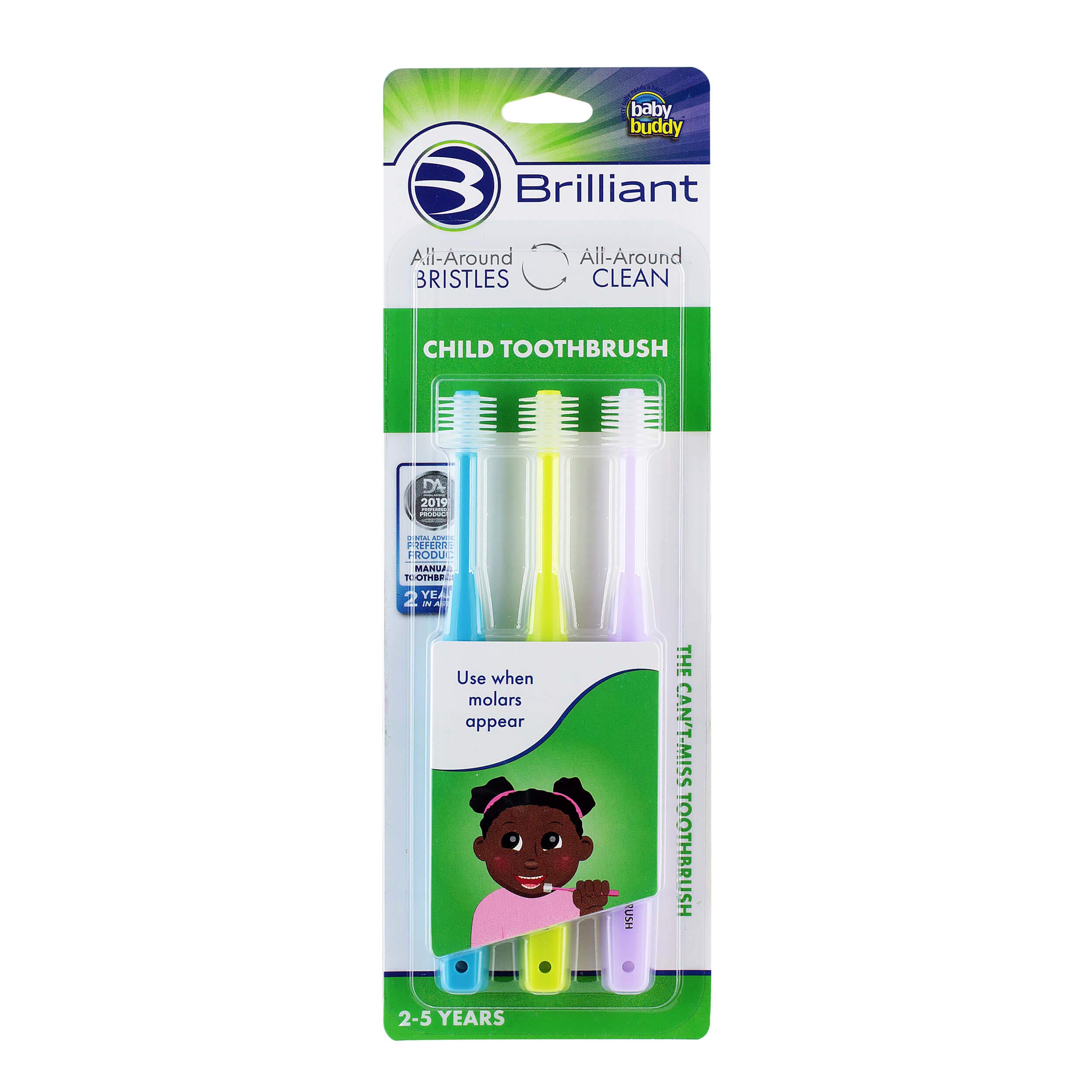 Brilliant Child Toothbrush by Baby Buddy with Soft, Round Bristles All-Around | for Kids Ages 2-5 Years | 360 Degree Head Cleans All-Around | Blue-Lime-Lilac, 3 Pack