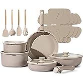 CAROTE 19pcs Pots and Pans Set Non Stick, Nonstick Cookware Set Detachable Handle, Induction Kitchen Cooking Sets with Removable Handle, RV Kitchen, Oven Safe, Taupe
