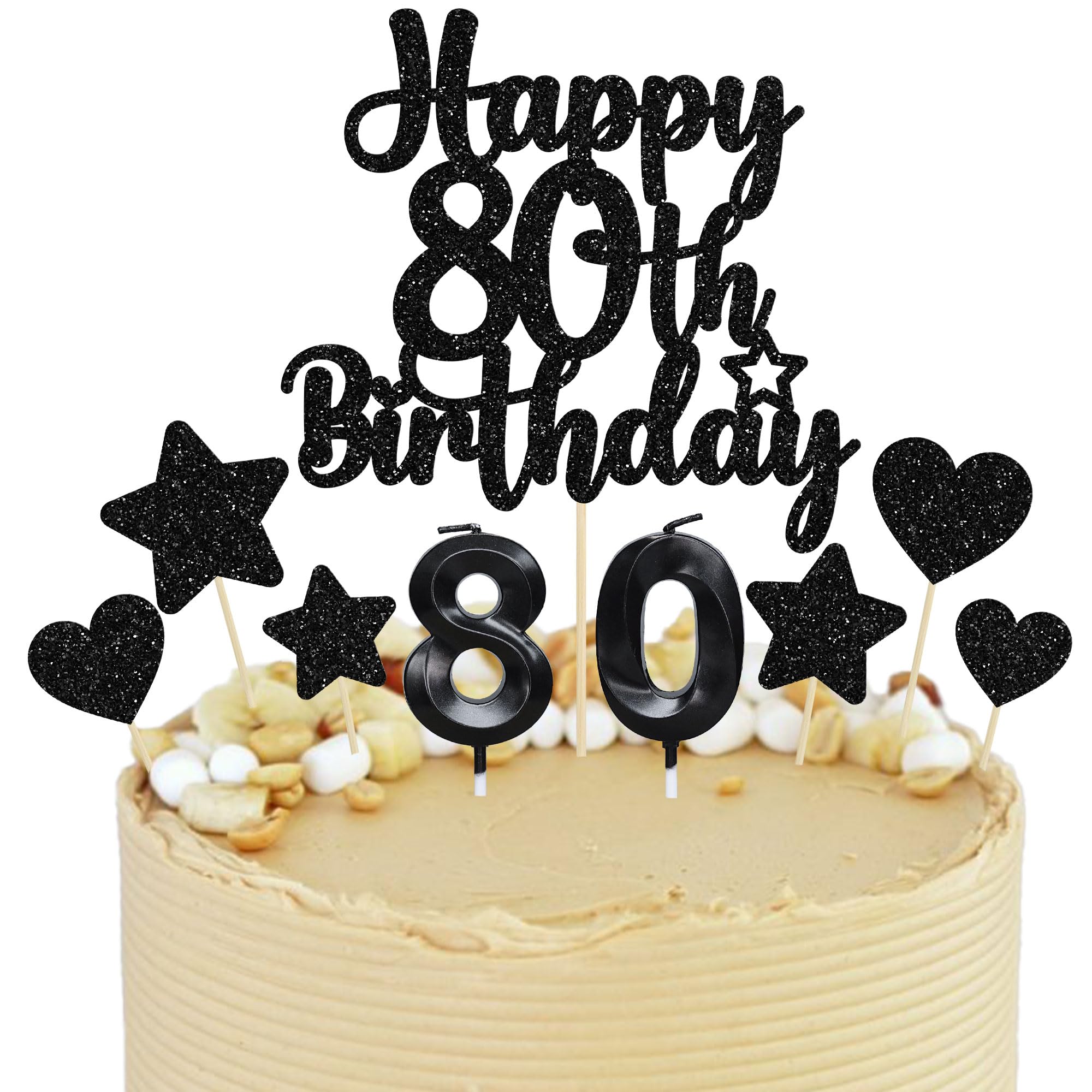 Gyufise 15Pcs Happy 80th Birthday Cake Topper Set with Heart Star Glitter Cheers to 80 Years Cake Picks Number 80 Candles Cake Decorations for Happy 80th Birthday Anniversary Party Supplies Black — image 1