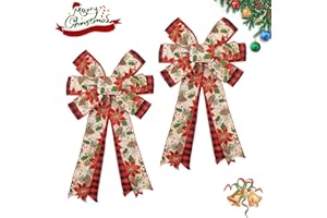 Montekin Large Christmas Wreath Bows 20x11 Inch, 2 Pack Poinsettia Pattern Burlap Wired Bow, Glitter Decorative Christmas Tree Topper Bow for Front Door Indoor Outdoor Xmas Decoration (Buffalo Plaid)