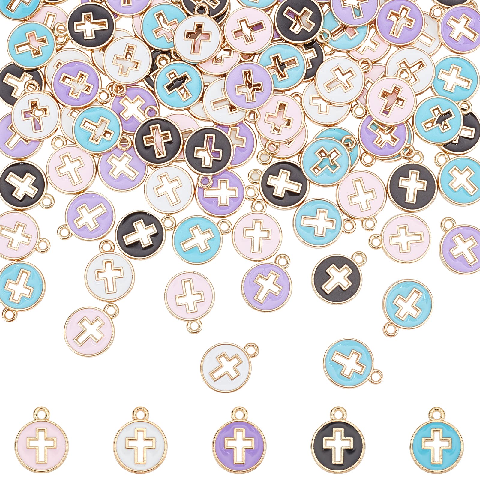 NBEADS 100 Pcs 5 Colors Cross Alloy Enamel Pendants, Flat Round Alloy Pendants Light Gold Plated Charm for Easter DIY Crafts Bracelet Necklace Jewelry Making