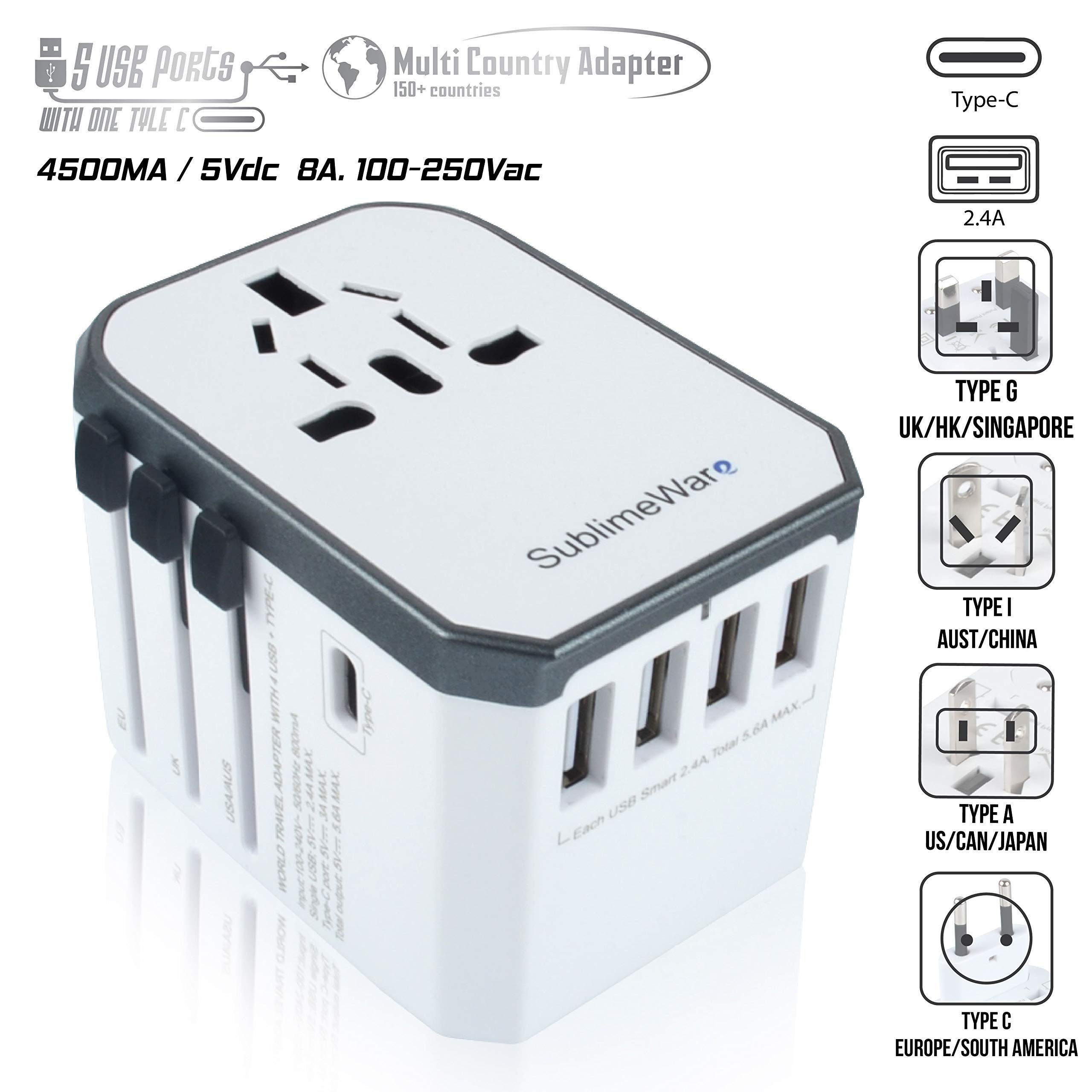 Power Plug Adapter - International Travel (w/5 USB Ports and USB Type C)- Work 150+ Countries - 220 Volt Adapter - Travel Adapter - Type C A G I A/C - UK Japan China EU Europe European