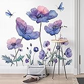 RAINBOW WSK Purple Blue Flower Wall Decals Large Poppy Flower Butterfly Wall Stickers Removable Bouquet Floral Wall Decor for Girls Room Bedroom Living Room MG-C007