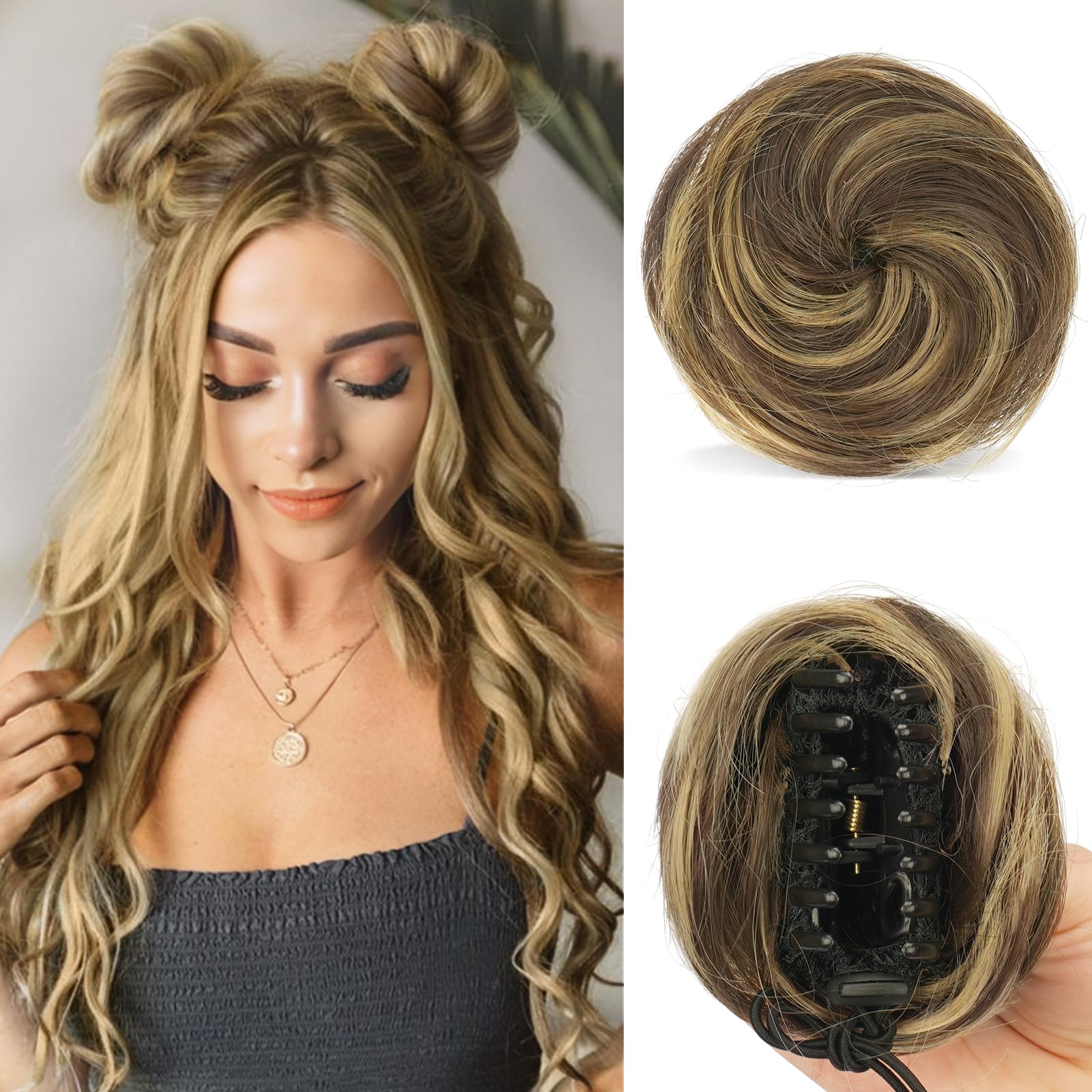 Sofeiyan 2PCS Mini Claw Clip in Hair Bun Messy Cat Ears Messy Hair Bun Extension Synthetic Donut Wig Accessory Updo Space Bun Hair Pieces for Women Girls, Blonde & Medium Brown