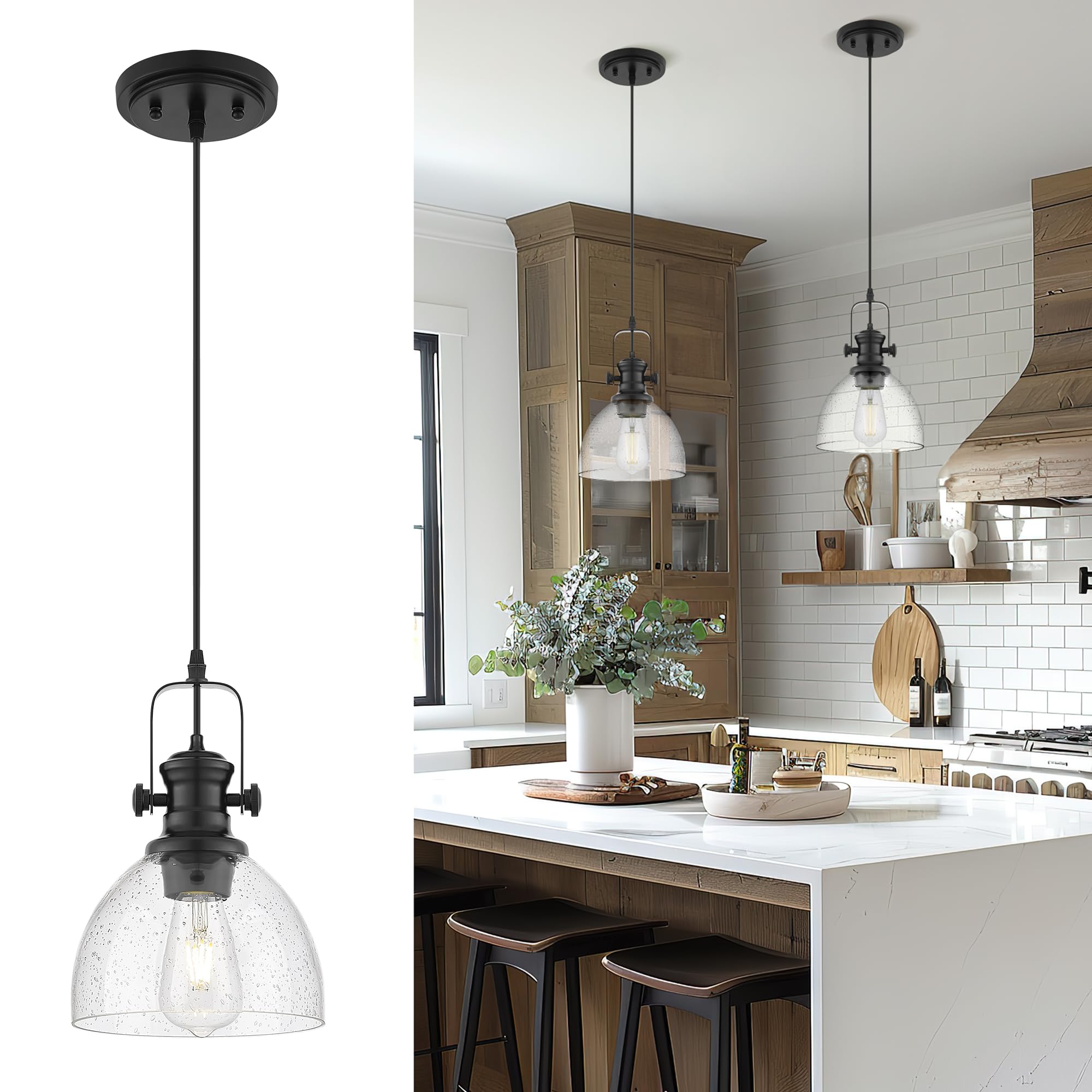Photo 1 of Audickic Black Pendant Lights Kitchen Island, 7.5" Farmhouse Pendant Lighting with Clear Seeded Glass Shade, Vintage Hanging Light Fixtures for Dining Room, AD-22151-1P-BK