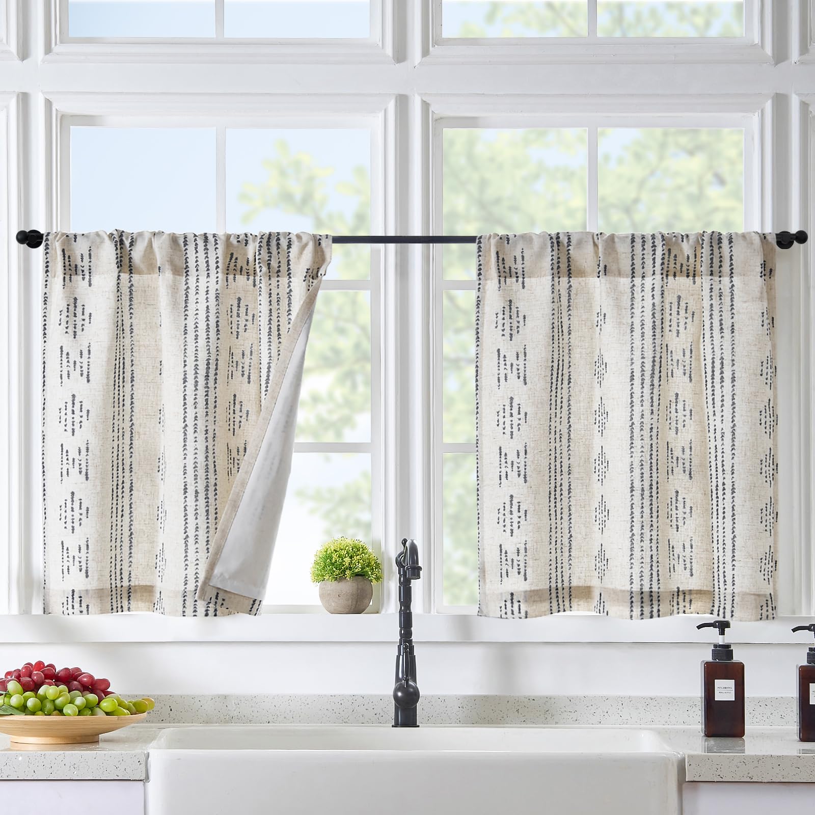 Photo 1 of jinchan Boho Linen Kitchen Curtains 45 Inch Bohemian Geometric Striped Small Window Curtains Light Filtering Farmhouse Country Rustic for Bathroom Living Room 2 Panels Black