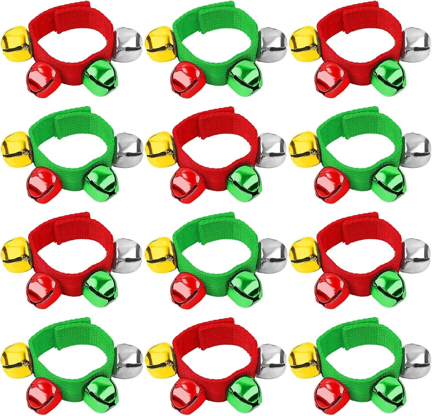 Augshy Christmas Wrist Bells Bracelets, 12Pcs Wrist Band Jingle Bells with Red Green Gold Silver Bells, Musical Instruments Adjustable Hand Ankle Bells for Christmas Gifts Party Favor
