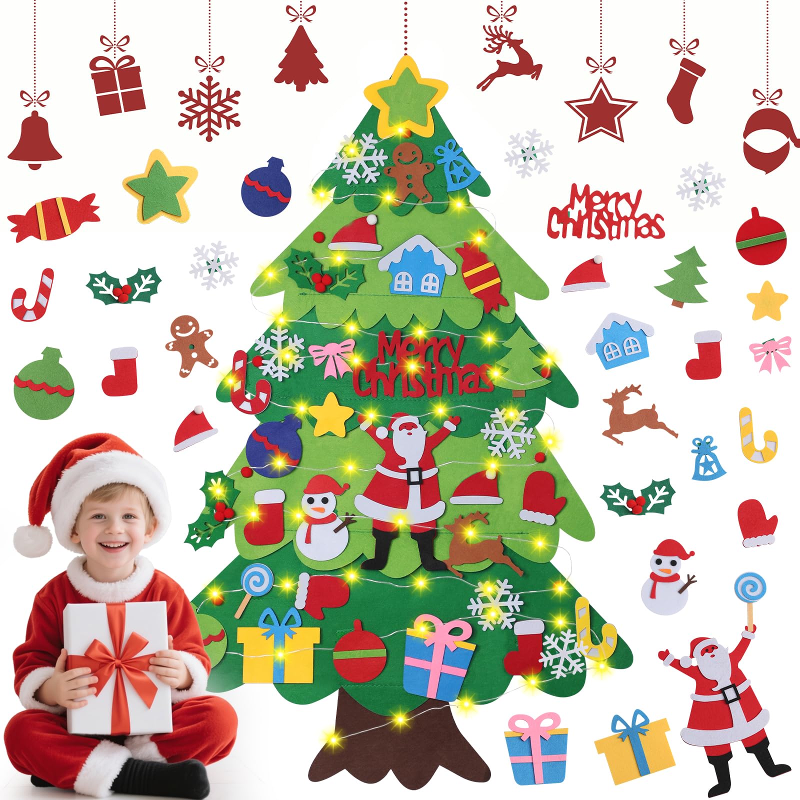 DazSpirit Children's Felt Christmas Tree – 3.28ft DIY Felt Xmas Tree Set for Kids & Toddlers, Wall Hanging Xmas Decorations with 32 Ornaments, Home Door & Window Christmas Decor Kit