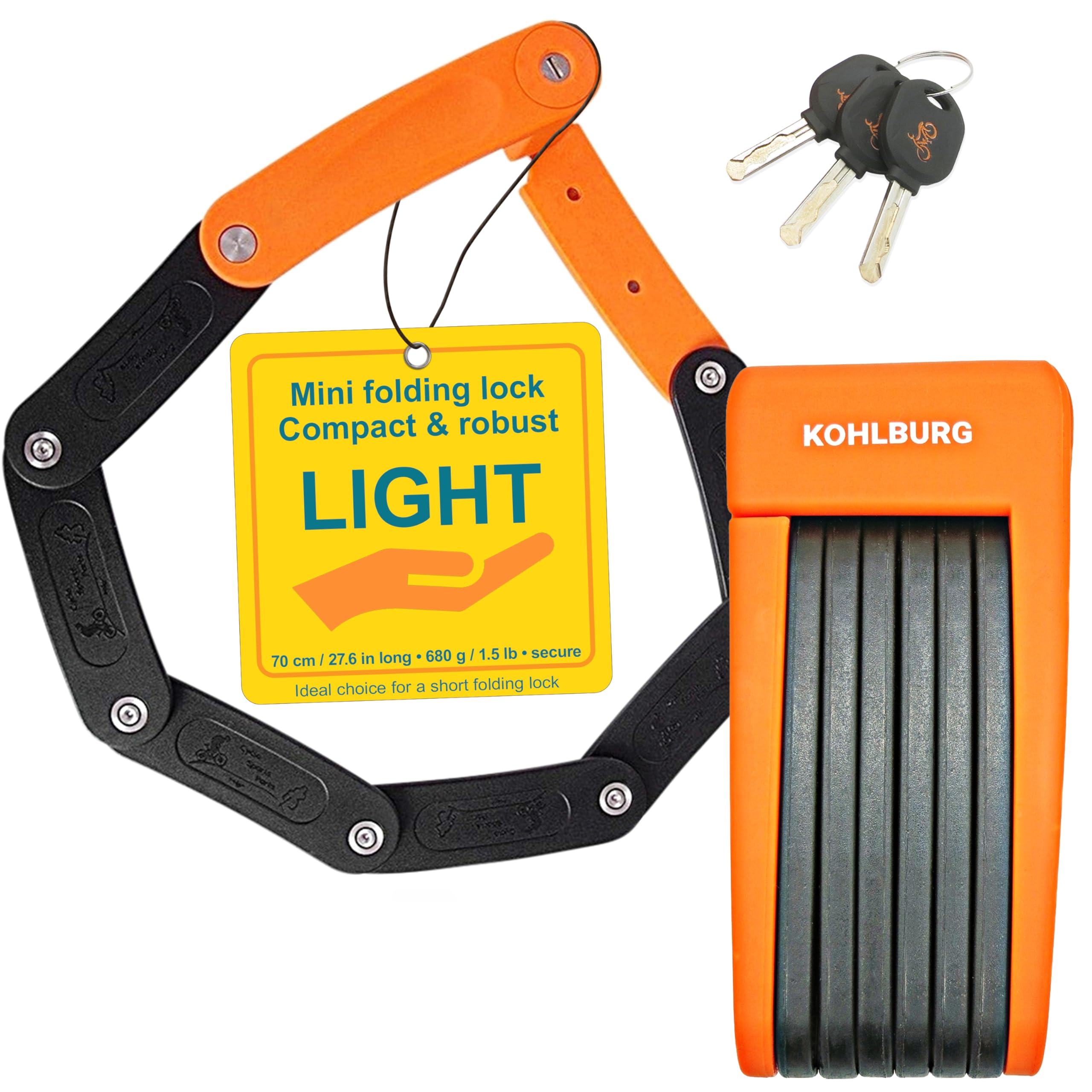 KOHLBURG Light & Small Folding Lock - 680g Light & 70cm Long - Secure Bicycle Lock Made of Hardened Steel for E-Bike & Bicycle with Bracket