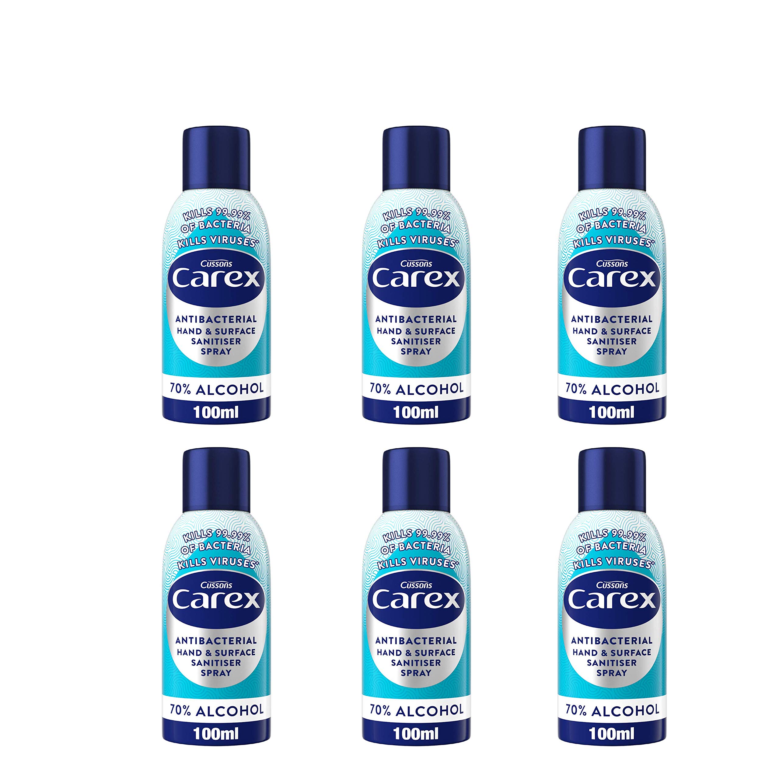 Carex Antibacterial Original Hand and Surface Santister Spray, 70 Percent Alcohol, Cleans, Cares and Protects, Bulk Buy, Pack of 6 100 ml