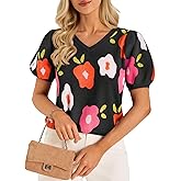 Cicy Bell Womens Puff Short Sleeve Sweater Tops 2026 Spring Summer Floral Pullover V Neck Casual Knit T Shirts