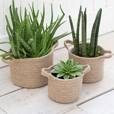 Printshoppie Handcrafted Woven Round Floral Pots Bag Natural Jute Plant Bag Pot Bags for All Plants Home Room Hall Decor Indoor Outdoor Plant Sack (Set of 3) (Beige) (with Handle)