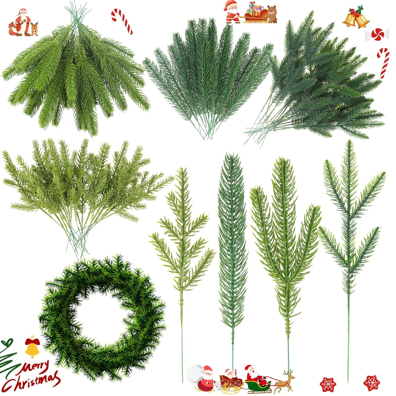Syhood 80 Pcs Greenery Christmas Artificial Branches 4 Styles Pine Needles Faux Green Pine Branches Garland Fake Greenery Picks for Mantle Indoor Home Xmas Holiday Wall Decor