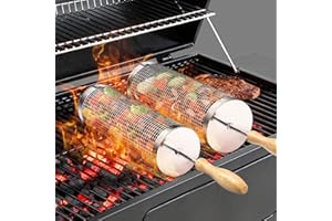 SUNLIFER Rolling BBQ Basket for Outdoor Grill: Barbecue Smoker Grilling Baskets for Vegetable, Unique Birthday Christmas Gifts for Men Dad Husband 2pcs