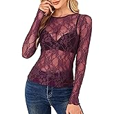 OFEEFAN Womens Mesh Tops Lace Long Sleeve Shirts Crewneck Slim Fitted Outfits See Through Blouses