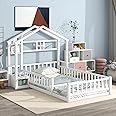 Twin Size Floor Bed with Bedside Stand,Kids Montessori Floor Bed with House-Shaped Headboard,Twin House Bed Frame for Kids,Girls,Boys,White