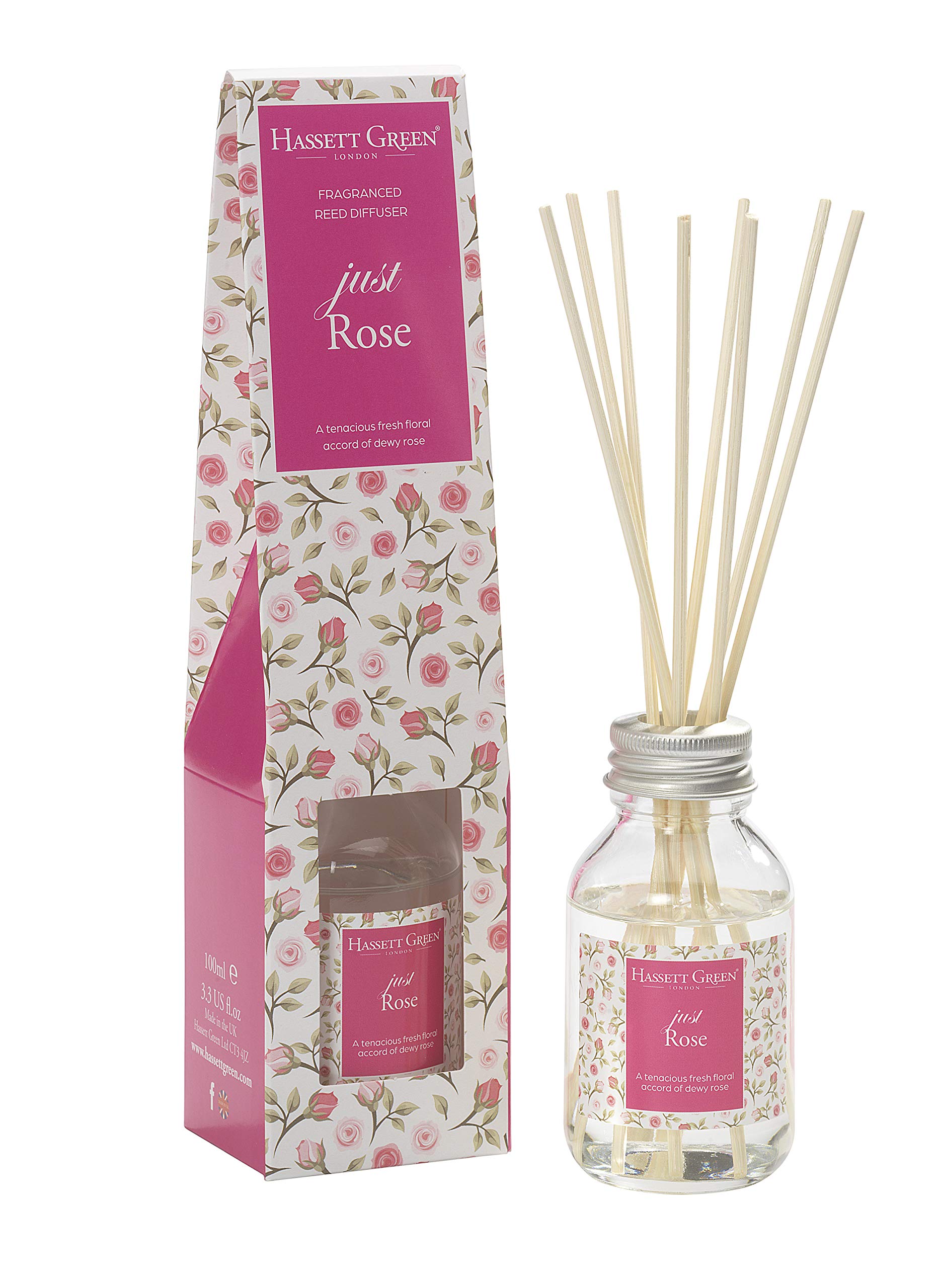 Just Rose Fragrance Oil Reed Diffuser 100ml - Long Lasting Home Indoor Fragrance - with 8 Rattan Reeds