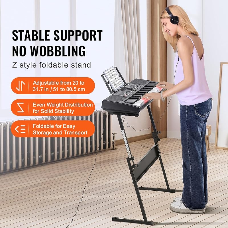 Piano digital portátil de 61 teclas com teclas iluminadas, suporte ajustável, 600 tons, 500 ritmos, colunas integradas, pedal de sustain, auscultadores, microfone, USB MIDI para iniciantes