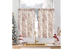 jinchan Floral Linen Tier Curtains Floral Brick Red on Beige Christmas Decorations Cafe Curtains 36 Inch Length Kitchen Living Room Bedroom Bathroom Farmhouse Rustic Country Rod Pocket 2 Panels