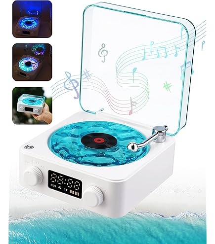 Wave Vinyl Bluetooth Speaker With Adjustable Ambient Lights, Music Player With 4 Modes, Vintage Record Model Players With Time, Small Record Player For Room Desk, Waves Speaker Creartive Gift