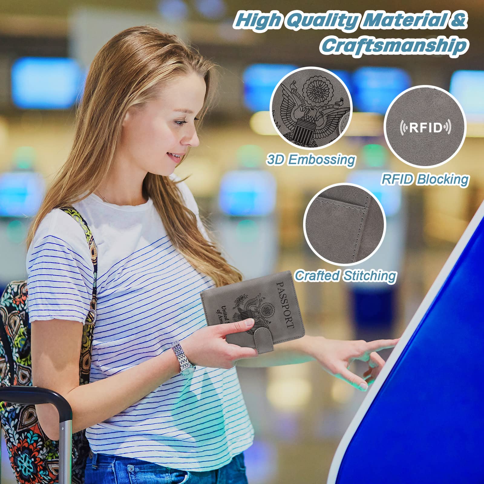 DMLuna Passport Holder Premium PU Leather Travel Passport Wallet RFID Blocking Passport Cover Case Travel Documents Organizer with Magnetic Closure, Free Mini Pen, for Women and Men, Grey