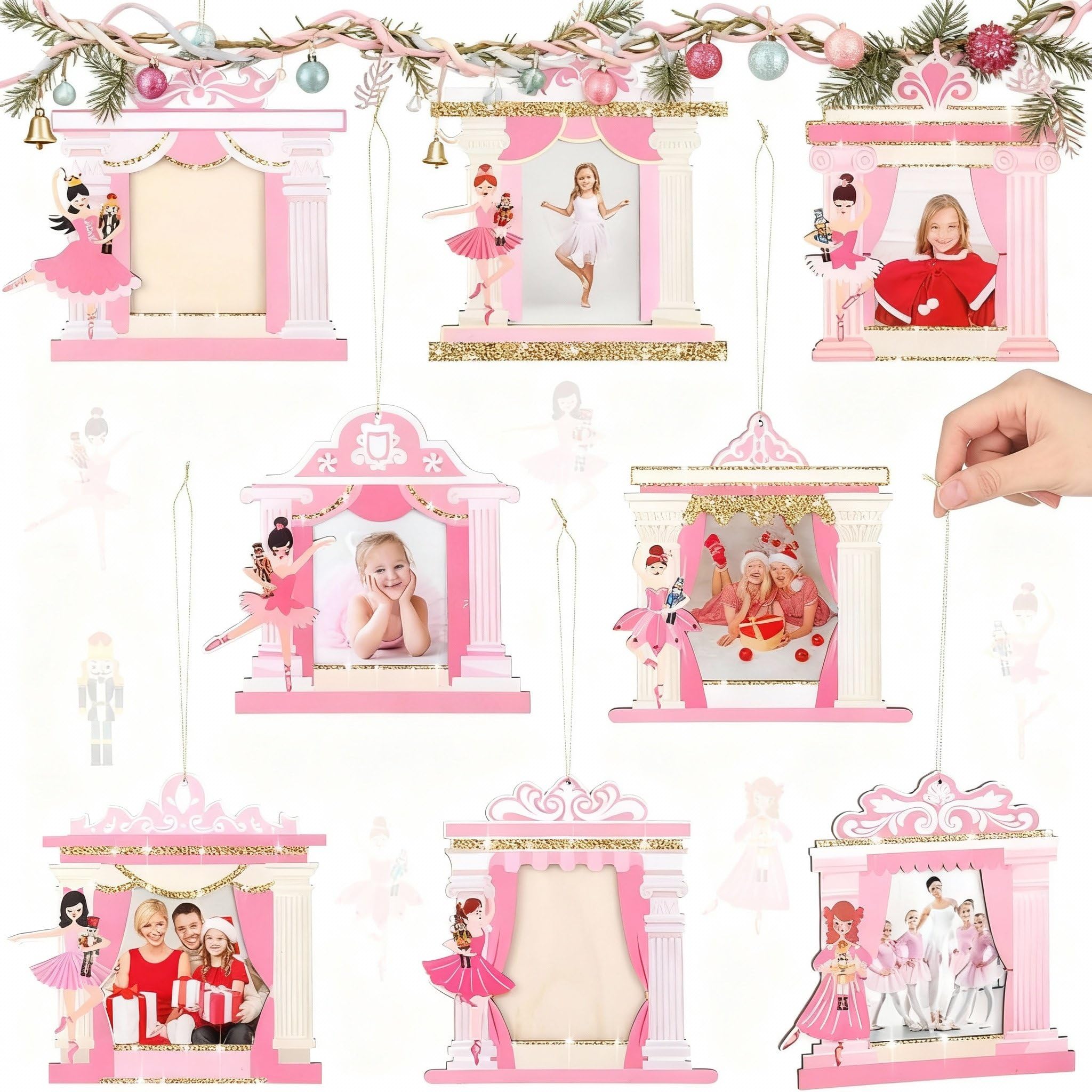 Namalu 8 Pcs Mini Ballet Nutcracker Picture Frames - Wooden Nutcracker Christmas Ornaments with Pink Dancer Girl, Xmas Hanging Photo Frames for Holiday Presents and Tree Decoration
