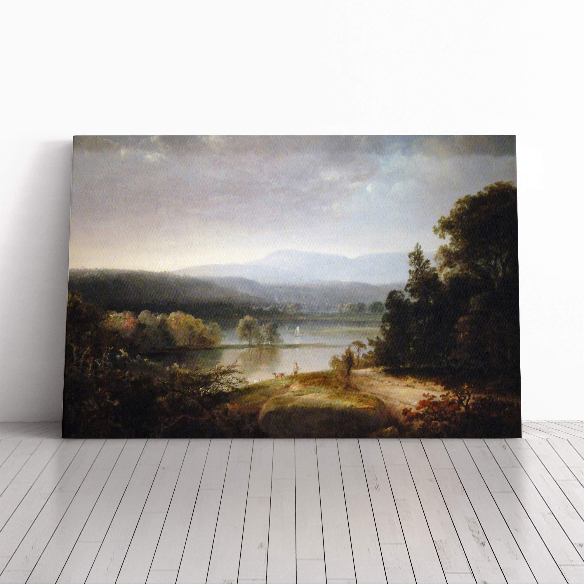 Thomas Doughty River View with Hunters and Dogs Canvas Print | Gallery Wrapped 30mm Frame Wall Art | 20x14 inches | Ready to Hang | Modern Landscape Picture | Living Room Bedroom Lounge Office
