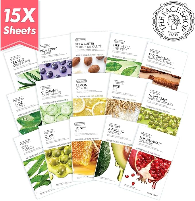 The Face Shop Facial Mask Sheets (15 Treatments), Real Nature Full Face