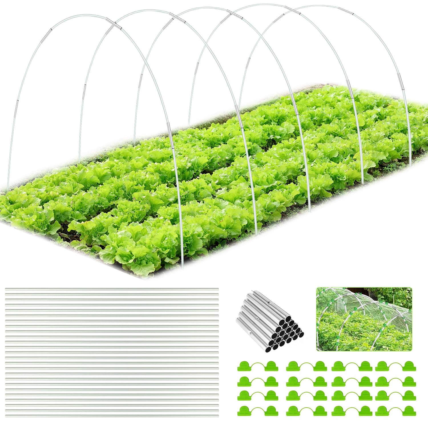 ZUCKLIGHT 61Pcs Garden Hoops for Netting, Greenhouse Hoops Frame Tunnel Kit Flexible Fiberglass Garden Hoops Adjustable DIY Cloche Hoops Arch Frame for Garden Raised Bed Support Netting for Plants