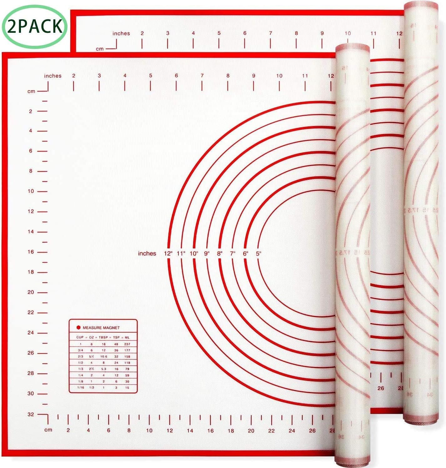 Saejous Silicone Pastry Mat Non-Stick Baking Set with Measurement Cooking Mat Dough Rolling Mat for Pie,Fondant,Pizza Easy to Use and Clean 2 Pack （2016/2416）