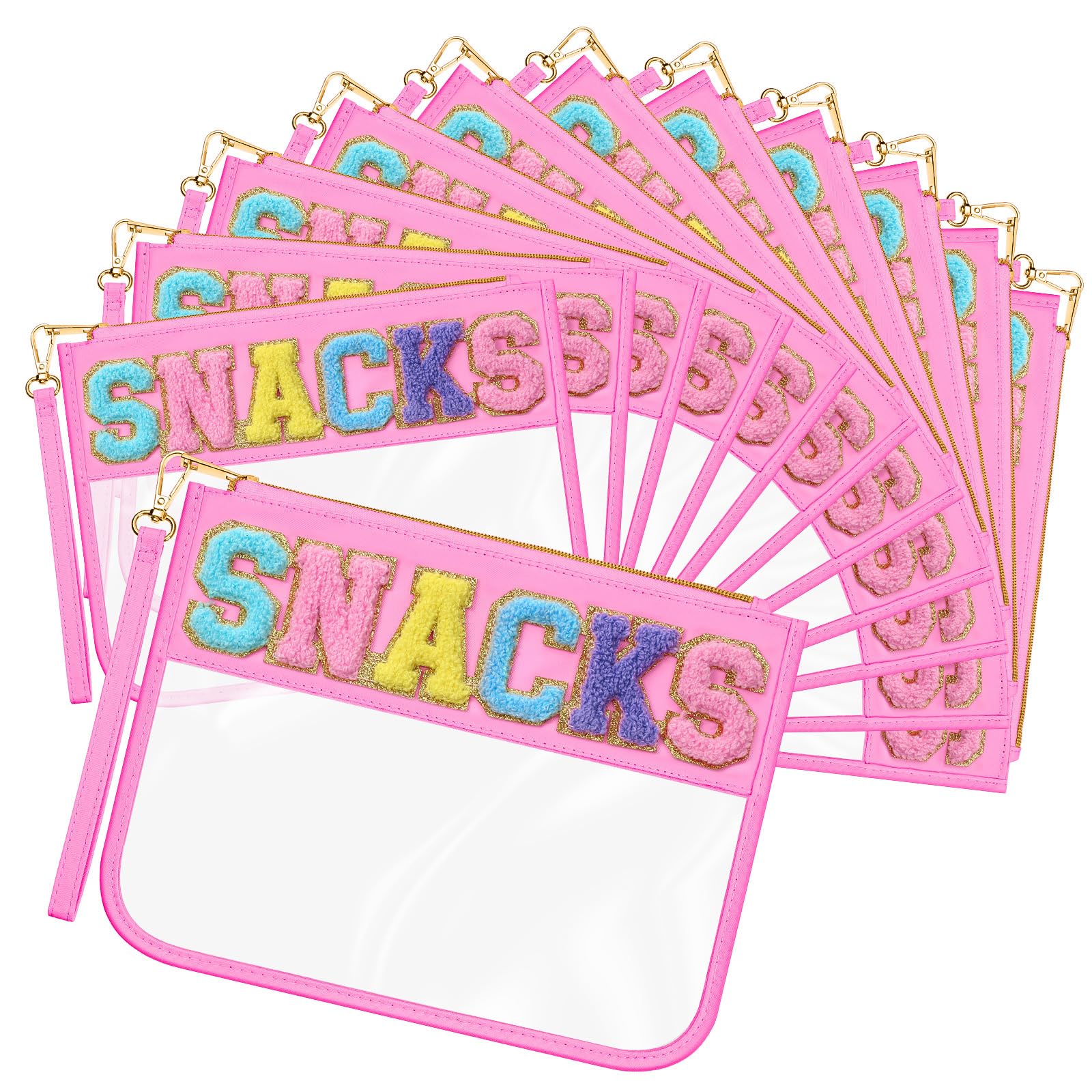 Photo 1 of Abbylike 12 Pcs Snack Bags Clear Chenille Letter Snacks Zipper Pouch Waterproof PVC Large Travel Makeup Cosmetic Storage Organizer Bag for Mom Team Cheerleaders Teacher (Pink)