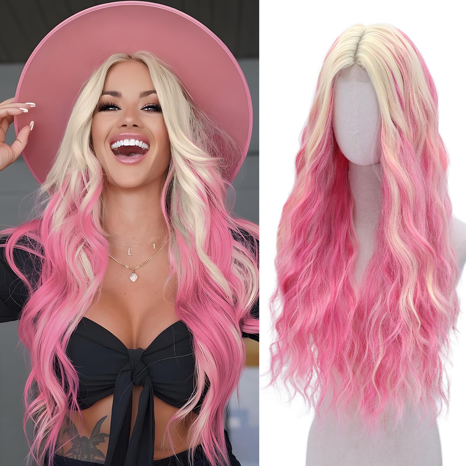 Photo 1 of Pink and Blonde Wig-Long Pink Blonde Wigs For Women Synthetic Wig Heat Resistant Fiber Wigs for Daily Party Use