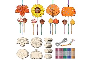 TREACLUB 12 Pack Wind Chime Kits for Kids, DIY Autumn Make Your Own Fall Wind Chime DIY Coloring Paint Fall Wooden Arts and Crafts Birthday Party Favor for Girls Boys