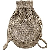 ENBEI Small Crochet drawstring Backpack Handmade crochet Purse for Beach,Travel, Beach Bag for Women,Lightweight Mesh Bag (khaki)