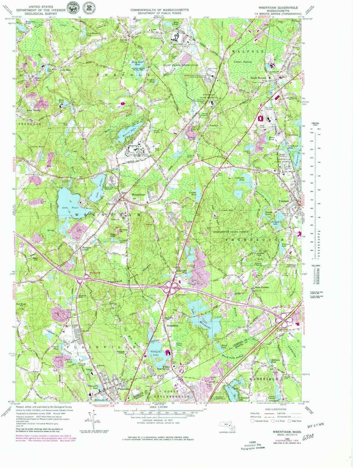 YellowMaps Wrentham MA topo map, 1:25000 Scale, 7.5 X 7.5 Minute, Historical, 1964, Updated 1979, 26.8 x 21.9 in