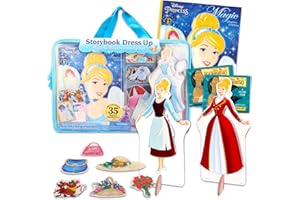 FOXCUP Disney Princess Magnetic Dress Up Doll Figure for Girls ~ Cinderella Bundle with 35 Magnetic Wardrobe Accessories, Storybook, Stickers, and Tote Bag (Princess Activity Set for Kids)