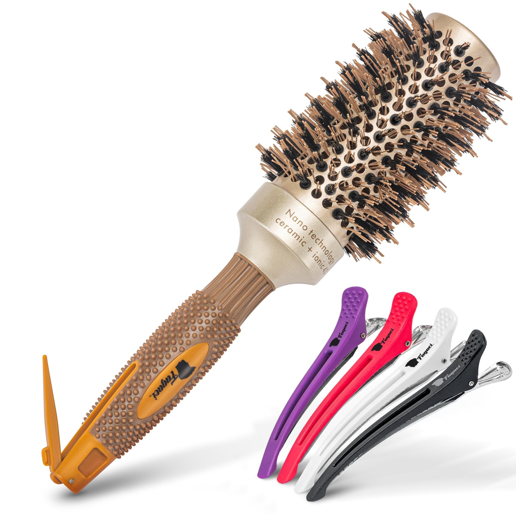 Photo 1 of Fagaci Professional Round Brush with Natural Boar Bristle for Blow Drying, Nano Technology Ceramic + Ionic for Voluminous Healthy Hair Styling | Includes 4 Styling Clips