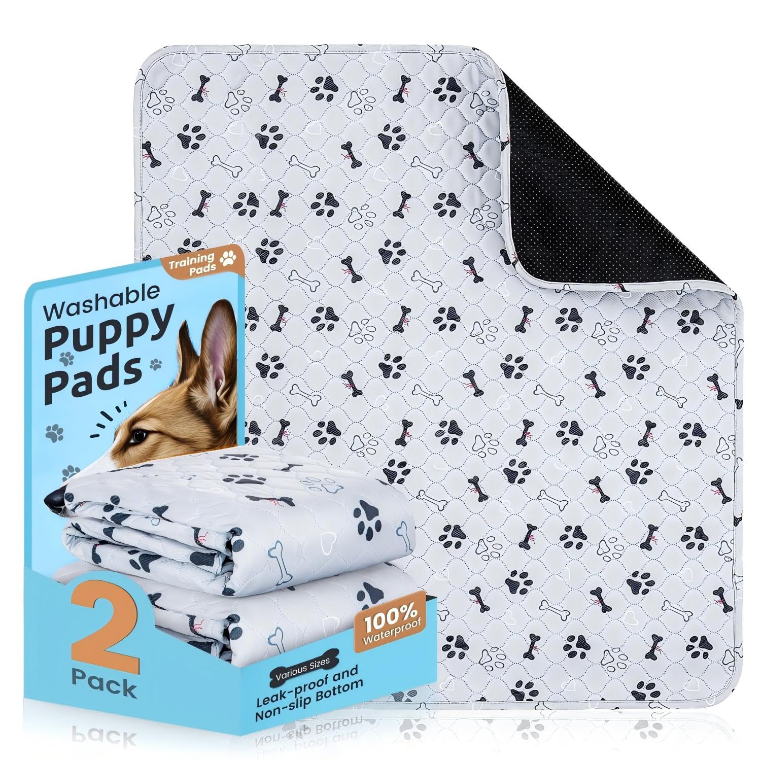 PmakeEorT Puppy Pads Washable, 2 Pack Reusable Dog Training Pads Fast Absorption, Waterproof Dog Mat Whelping Pee Pads for Playpen, Crate, Floor - 60x90 cm