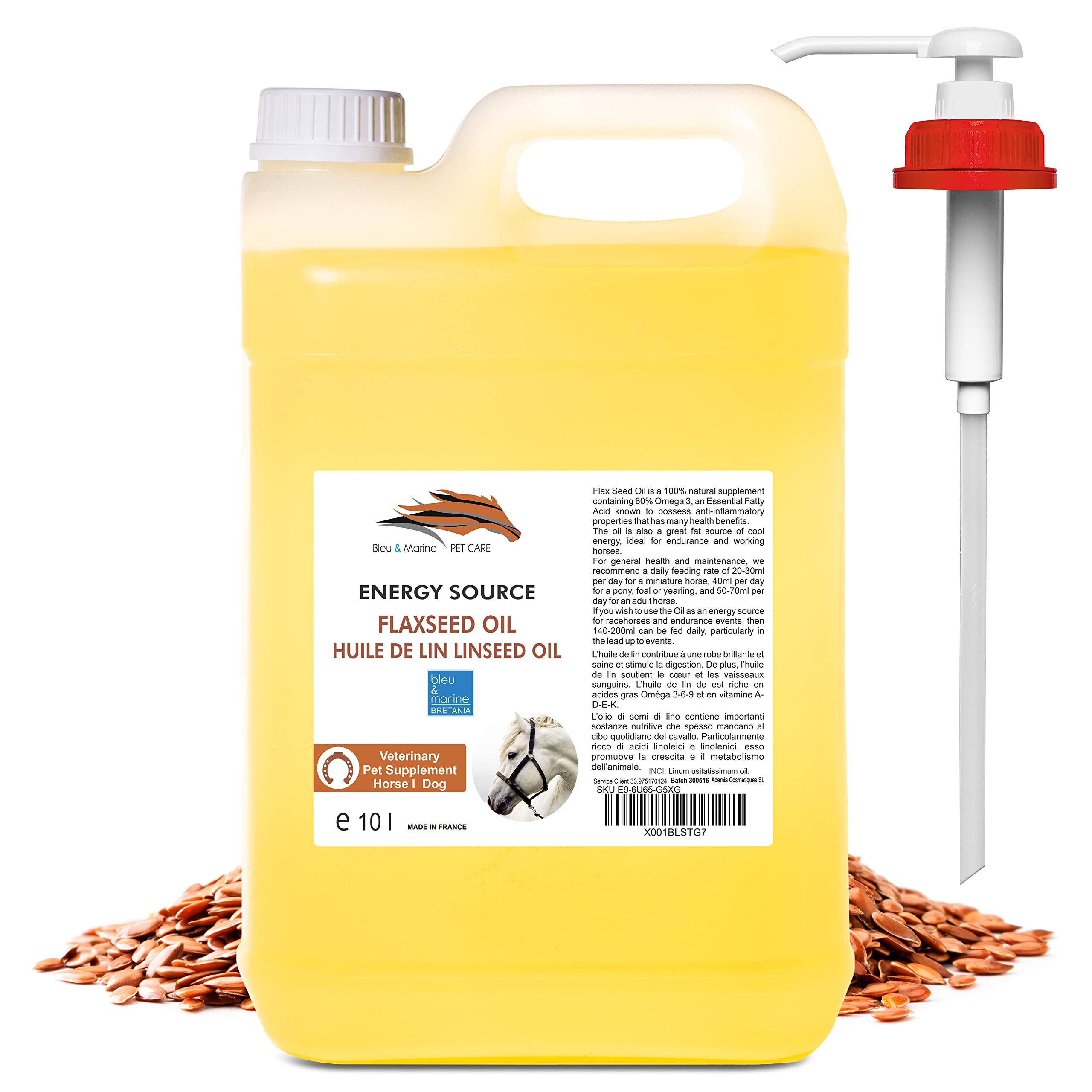 bleu & marine Bretania Cold Pressed Linseed Oil Pet Care Supplement High in Omega 3 & 6 Improves Skin & Coat Quality Digestive Support Boosts Energy & Immunity, 10000 ml 2.20 GAL